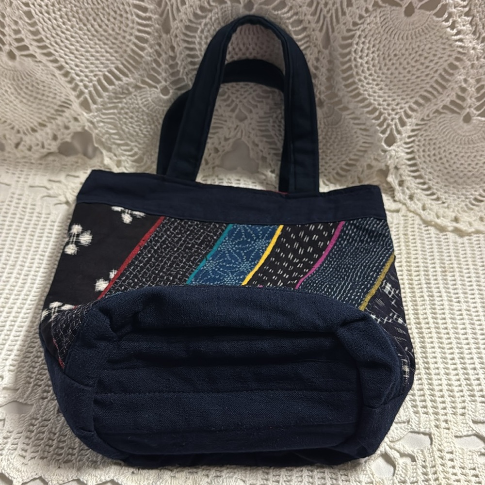 BOHO Fabric Reversible Mini Tote Bag Pockets Dual Handle Travel Folds Red Blue - Picture 13 of 14